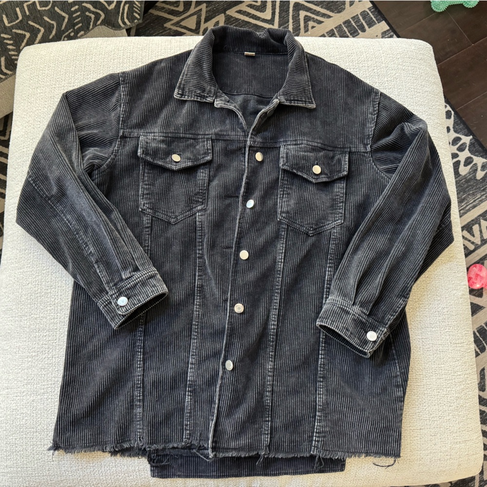 Oversized Black Corduroy Jacket with Button Details